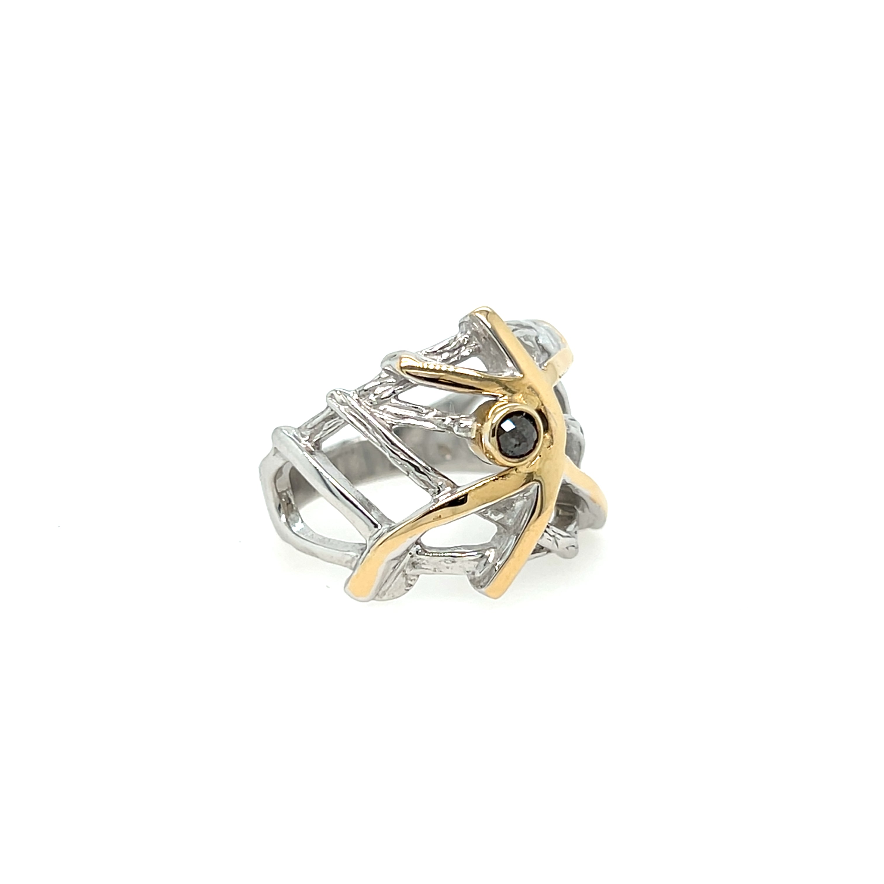 Hringur - silfur og 14kt gull - blandslípaður demantur