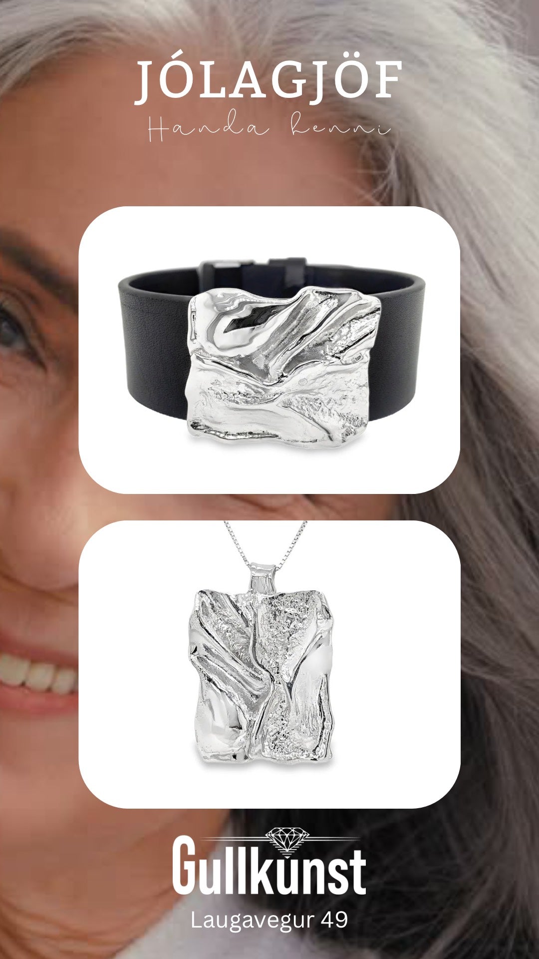 Leður armband og silfur hálsmen